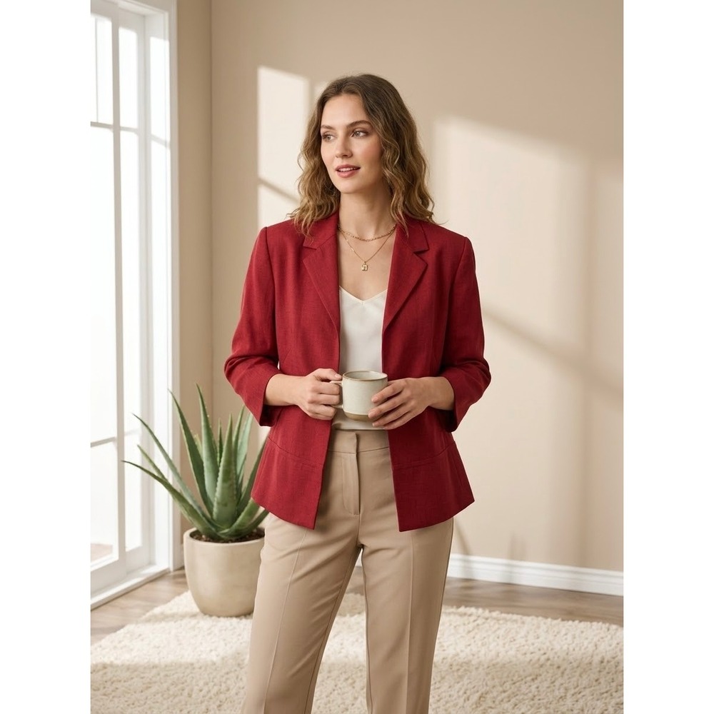 Textured Open Front Brilliant Red Linen Viscose Blazer Size 40 L Large